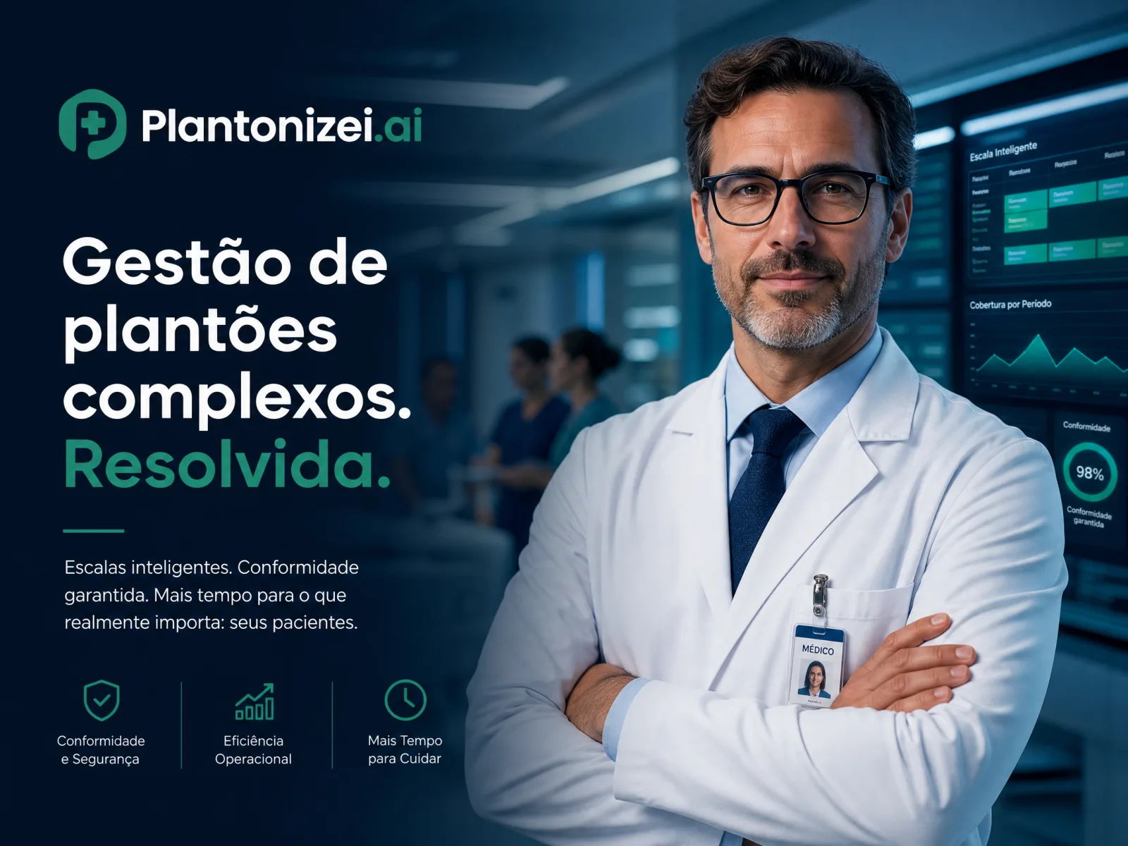 Peça da Plantonizei.ai com a assinatura “Gestão de plantões complexos. Resolvida.” e a linha “Escalas inteligentes. Conformidade garantida. Mais tempo para o que realmente importa: seus pacientes.” Ao lado, um médico de jaleco em um corredor hospitalar e, ao fundo, painéis do sistema com a escala do período e um indicador de conformidade. No rodapé, três selos: conformidade e segurança, eficiência operacional e mais tempo para cuidar.